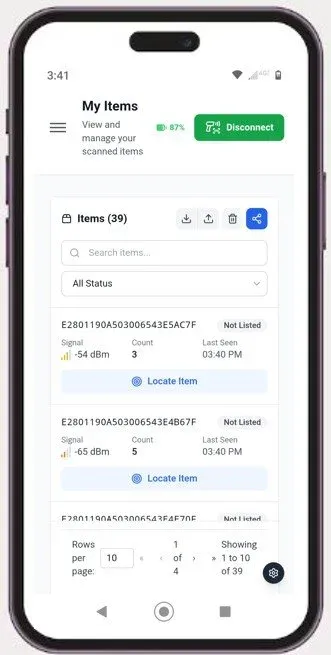 TrakRF web app scan screen