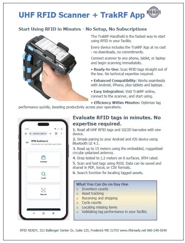 A handheld RFID scanner paired with the TrakRF web app